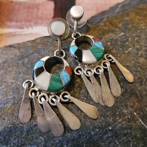 Vintage Zuni Artist Signed Loretta Maetza Sterling Silver Inlay Earrings